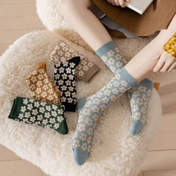 1 пара женских носков, носки для экипажа, Весенние модные Милые носки в стиле ретро из хлопка с цветочным рисунком, Дышащие повседневные Модные носки в корейском стиле