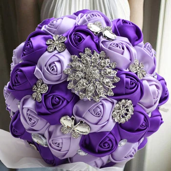1 шт./лот, свадебный букет невесты из фиолетовой ленты с бриллиантом для свадебного украшения