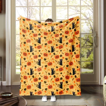 1 шт.-Фланелевое одеяло в стиле кота-тыквы на Хэллоуин, мягкое и уютное, покрывало для дивана