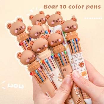 10-цветная шариковая ручка с рисунком Медведя, многоцветные канцелярские принадлежности для студентов с мультяшным нажатием