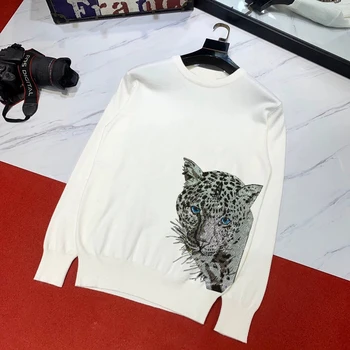 2021 Европейский леопардовый вечер горный хрусталь сияющий мужской свитер кашемировый пуловер толстовка Уличная мода