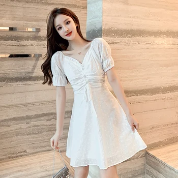 2022 Женское Элегантное Повседневное Белое милое платье с открытой вышивкой, женское платье с коротким рукавом, кружевное платье на шнурке, шикарные мини-платья