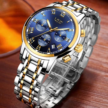 2022 Модные мужские часы LIGE из нержавеющей стали, золотые мужские наручные часы, водонепроницаемые мужские часы со светящимся хронографом времени