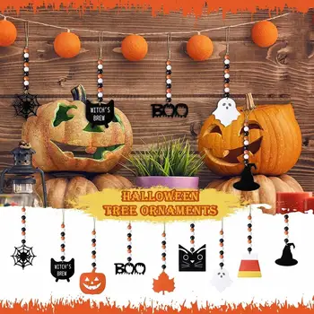 2022 Хэллоуин Деревянная бусина Подвеска из щепы Декор для Хэллоуина Happy Halloween Party Decor Аксессуары для подвесных украшений в помещении