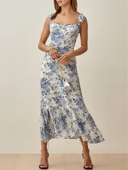 2023 Весеннее Новое женское платье Миди с ретро-принтом, без рукавов, на шнуровке, Тонкая талия, длинный халат на подтяжках в стиле ретро для отдыха