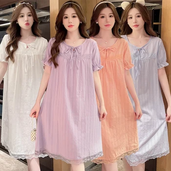 2023 Летние хлопчатобумажные ночные рубашки с коротким рукавом для женщин, Корейская пижама с милым кружевным бантом, домашняя одежда, ночная рубашка, ночное платье, домашняя ночнушка