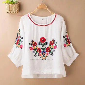 2023 традиционная китайская винтажная блузка с национальной цветочной вышивкой, костюм эпохи тан, восточная этническая рубашка с круглым вырезом, элегантная блузка в стиле ретро