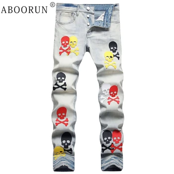 ABOORUN Мужские джинсы в стиле панк с вышивкой черепа, джинсовые брюки в стиле пэчворк, Уличная одежда, Джоггеры-карандаш для мужчин
