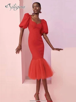Ailigou 2023, Летнее новое высококачественное женское платье-русалка, облегающее бандажное платье с рукавами-пузырями и рюшами, сексуальное звездное вечернее платье