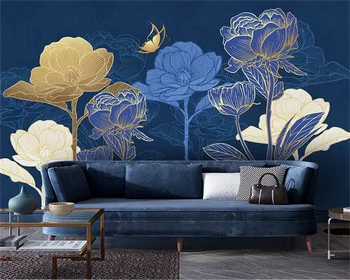 beibehang Настройте новые обои для домашнего декора современный минималистичный свет роскошная линия растений лазурит синий фон обои