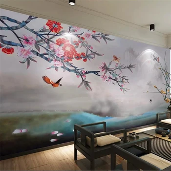 beibehang Новый китайский стиль, ручная роспись цветов и птиц, пейзаж на фоне стены, большая фреска на заказ, зеленые обои