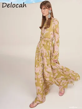 Delocah Высококачественные летние женские модные дизайнерские платья с длинным рукавом-фонариком, Розовые платья с гофрированным принтом, праздничные платья Макси большого размера