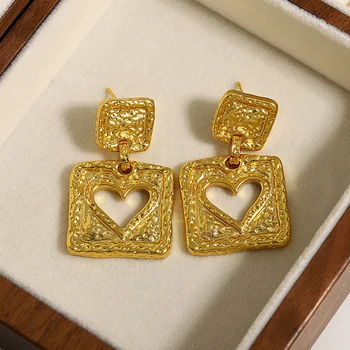 DODOHAO Корейские изысканные Металлические серьги с квадратным полым сердцем для женщин и девочек Золотого цвета Металлические серьги с подвесками в виде сердца любви в подарок