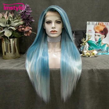 Imstyle Омбре Сине-серый парик, длинный синтетический парик на кружеве, прямые парики из высокотемпературного волокна, косплей-парики для женщин