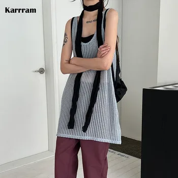 Karrram Корейское Модное Открытое Платье High Street Трикотажное платье Kpop В Ленивом Стиле Прозрачное Платье Femme Solid Sexy Vestido Chic