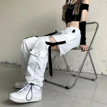 MEXZT, уличная одежда, Женские брюки-карго с завязками, с высокой талией, сращенные, выдалбливают Широкие брюки Harajuku, Повседневная съемная технологичная одежда