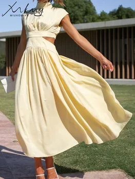 MiuKoMiYa Желтые Летние длинные платья для женщин 2023, Женские платья без рукавов с воротником-стойкой, розовое шифоновое платье Макси без рукавов