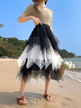OHRYIYIE, Новинка 2023, Летняя тюлевая юбка в стиле бохо, женская повседневная юбка трапециевидной формы Миди нерегулярной длины, женская юбка в стиле пэчворк, сетчатая юбка для вечеринок, леди