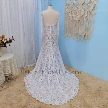 UMK Уникальное свадебное платье Memraid из эластичного кружева, винтажные свадебные платья в стиле Бохо с длинным рукавом и открытой спиной