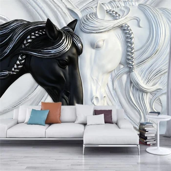 wellyu Мода черно-белая двойная лошадь с тиснением ТВ фон стены пользовательские большие фрески зеленые обои papel de parede