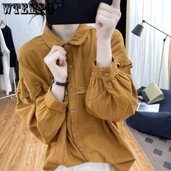 WTEMPO Винтажная хлопковая рубашка с рукавом-фонариком Женская Y2k Топовая Корейская уличная одежда Harajuku Повседневная универсальная блузка 2023 Новинка