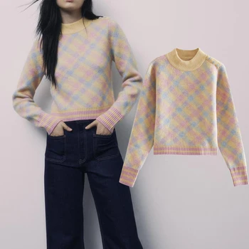 ZA 2020 новые женские осенне-зимние украшения с радужными пуговицами, вязаный свитер с круглым вырезом, свитер с длинным рукавом, пуловер, повседневный вязаный топ
