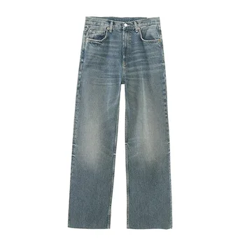 ZATRHMBM Женские весенние новые модные джинсы с широкими штанинами, винтажные боковые карманы, женские брюки с высокой талией, Mujer