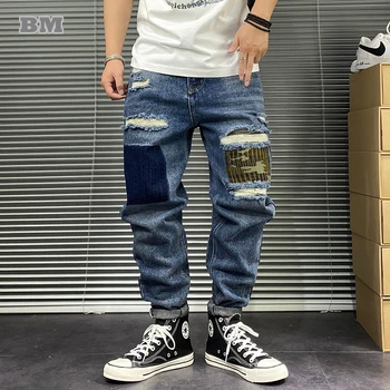 Американская уличная мода, Рваные джинсы с заплатками, мужская одежда, Корейские джинсовые брюки в стиле хип-хоп, повседневные Прямые брюки-карго Harajuku