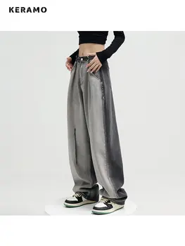 Американские винтажные рваные джинсовые брюки с высокой талией 2023, женские повседневные мешковатые джинсовые брюки Y2K с широкими штанинами, гранж контрастного цвета
