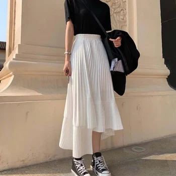 Белая плиссированная юбка с высокой талией, Женская Корейская мода 2023, Асимметричная длинная юбка с оборками, Новые Летние юбки Миди трапециевидной формы.
