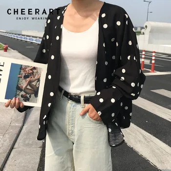 Блузка в горошек Cheerart, Женское черное Кимоно, кардиган, Корейская льняная Женская верхняя одежда, блузка Femme 2018 Осень