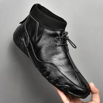 Брендовые осенние мужские ботинки-слипоны из высококачественной коровьей кожи, мужские ботильоны черного, белого цвета, мужские ботинки, модная осенняя мужская обувь