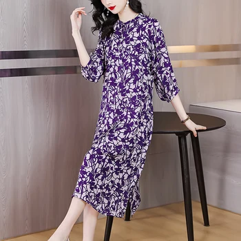 Весеннее новое шелковое платье 2023 года из широкого женского шелка с коротким рукавом, Французское Фиолетовое Тонкое Китайское длинное платье