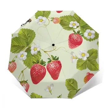 Ветроустойчивый Полностью Автоматический Зонт Strawberry Tea С Цветами И Листьями Rain 3 Складной Зонт Для Путешествий Автомобильный Зонт