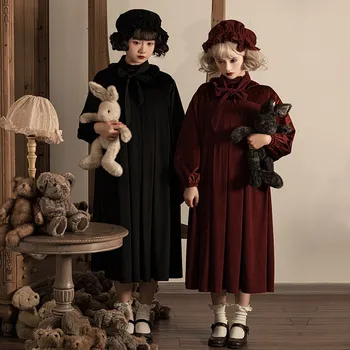 Винтажное бархатное платье в стиле Лолиты + Детская шапочка, ретро платье на шнуровке с длинным рукавом, Черно-красное Весенне-осеннее платье