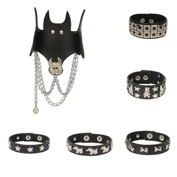 Винтажный браслет в стиле панк-рок, черный браслет из искусственной кожи, мужские браслеты со звездным черепом, Готические браслеты с широкими манжетами для женщин, ювелирные изделия