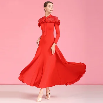 Высококачественная дешевая женская элегантная одежда для танцев, кружевное красное платье для занятий в бальном зале