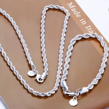 высококачественное серебро 925 пробы, цвет 4 мм, женская мужская цепочка, ожерелье из витой веревки, браслеты, модный набор серебряных украшений