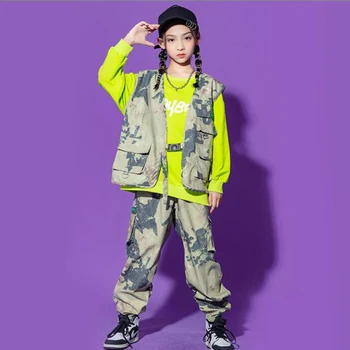 Детская одежда в стиле хип-хоп, камуфляжный жилет, топ, уличная одежда, военно-тактические брюки-карго для девочек, одежда для джазовых танцев для мальчиков