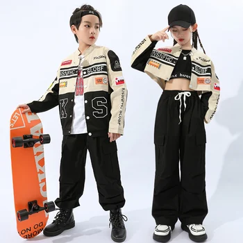 Детский подростковый концертный костюм в стиле хип-хоп, мотоциклетное пальто, укороченная куртка, топы, брюки-карго для девочек и мальчиков, одежда для джазовых танцев, одежда для джазовых танцев