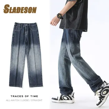 Джинсы градиентного цвета Sladeson Мужские Черные Синие Брендовая уличная одежда Винтажная мода Harajuku Повседневные прямые джинсовые брюки Мужские брюки