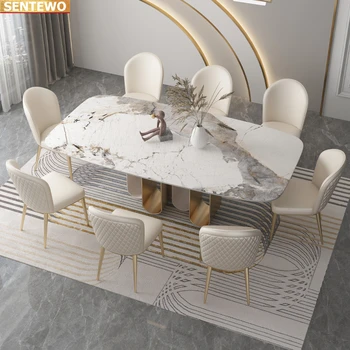 Дизайнерская роскошная кухня из мраморной плиты обеденный стол с 6 стульями mesa de jantar posta мебель на золотой основе из нержавеющей стали