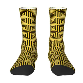 Желтые и черные мужские носки с греческим ключом Унисекс Kawaii 3D Печать Абстрактные геометрические парадные носки