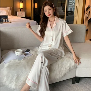 Женская летняя пижама Ice Silk с коротким рукавом, комплект из двух предметов, Тонкая повседневная домашняя одежда