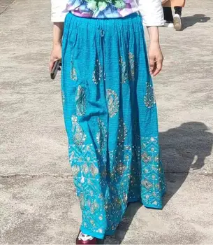 Женская юбка в непальском стиле Весеннее длинное платье синего цвета с вышивкой стразами