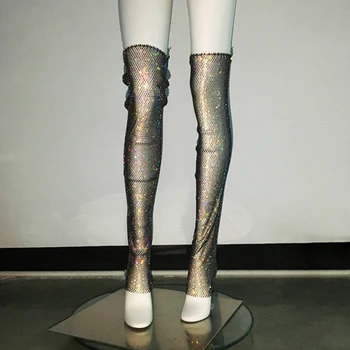 Женские блестящие стразы, ажурная грелка для ног, открытые прозрачные сетчатые носки выше колена, клубная одежда