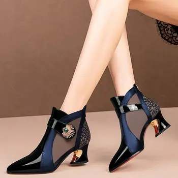 Женские ботинки на толстом каблуке, сетчатые ботинки, женские босоножки, сетчатые босоножки с открытым носком, тонкие туфли на высоком каблуке