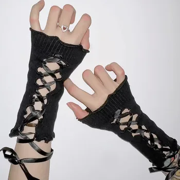 Женские панк-перчатки длиной до запястья, Эластичные перчатки без пальцев, рукавицы с сеткой, перчатки в стиле Лолиты с перекрестным вырезом, костюмы для косплея