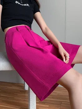 Женские шорты Свободные повседневные широкие Короткие брюки с высокой талией на пуговицах, однотонные розово-красные прямые летние шорты на пуговицах для женщин