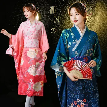 Женское платье-кимоно в японском стиле, сексуальное женское Комоно Юката с Оби, винтажный костюм для вечеринки, платье с цветочным узором, косплей одного размера